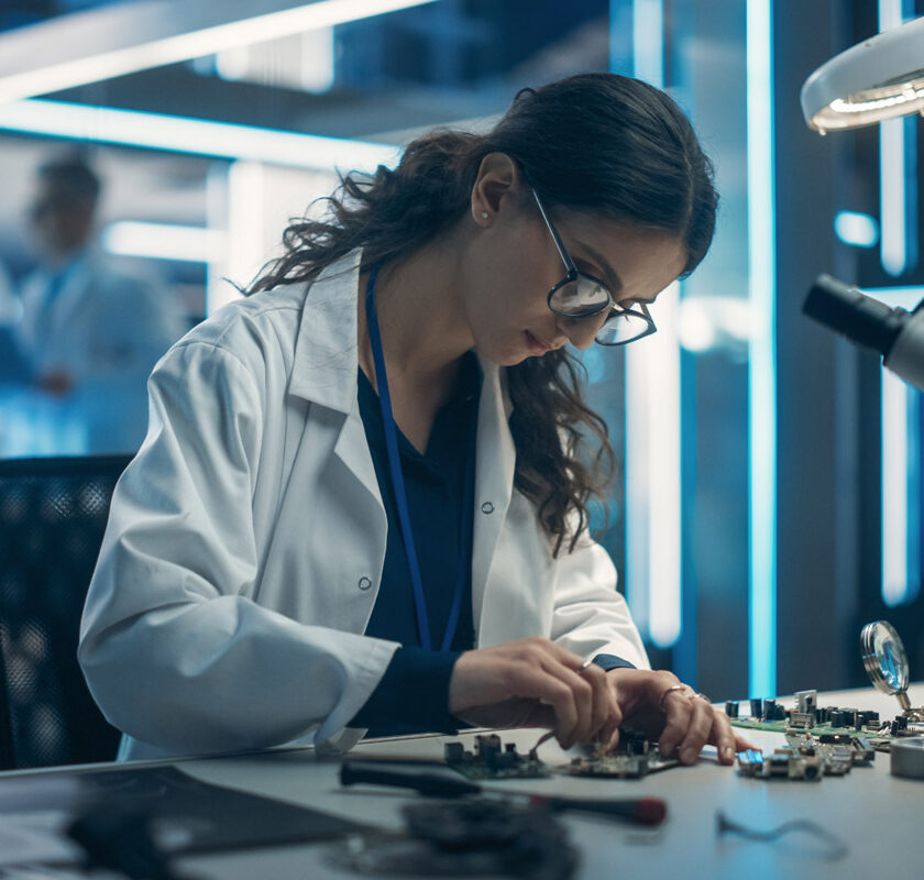 An engineer testing semiconductor chips.